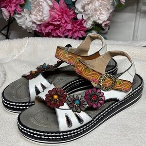 White Floral Accent Women’s Sandals with Colorful Strap Details